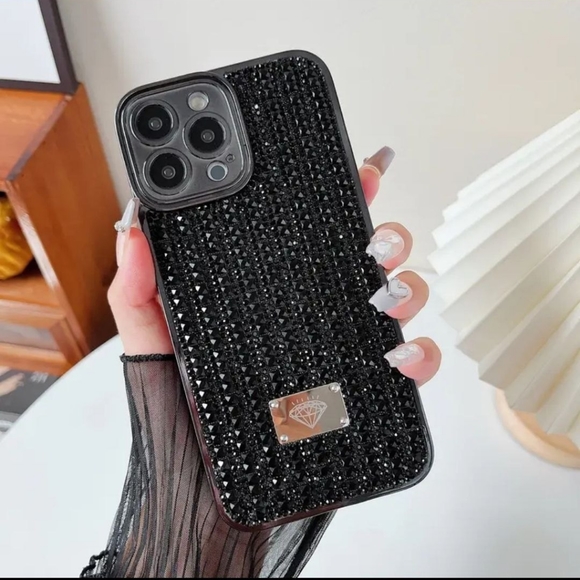 Square Glass Luxury Rhinestones Case For iPhone 14 Pro Max - BLACK - Picture 1 of 4